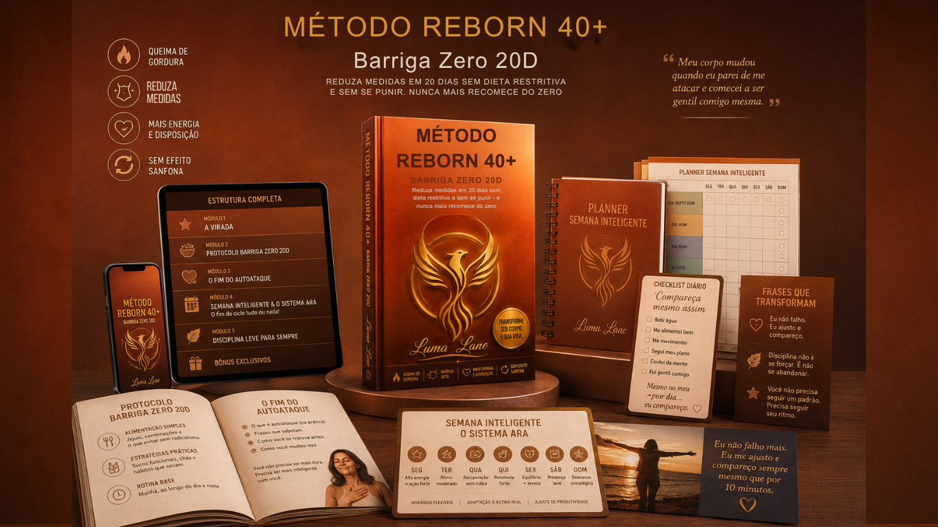 Novo mockup completo dos materiais digitais do Método Reborn 40+ | Barriga Zero 20D